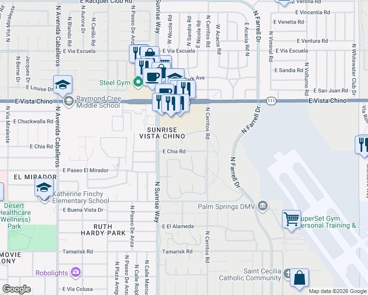 map of restaurants, bars, coffee shops, grocery stores, and more near 1904 East Chia Road in Palm Springs
