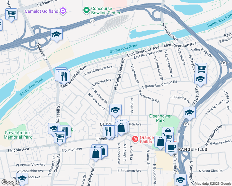 map of restaurants, bars, coffee shops, grocery stores, and more near 3131 North Orange Olive Road in Orange