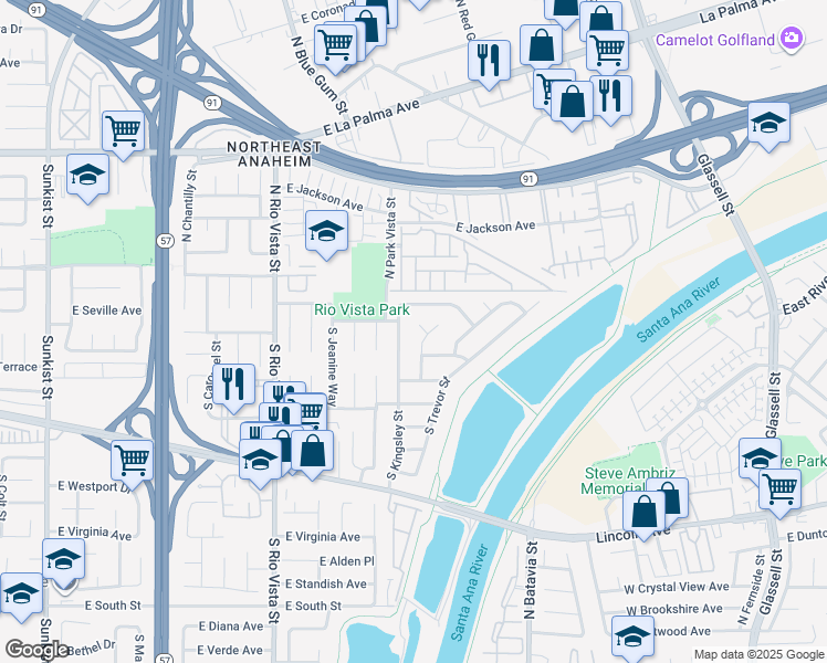 map of restaurants, bars, coffee shops, grocery stores, and more near 105 South Kingsley Street in Anaheim