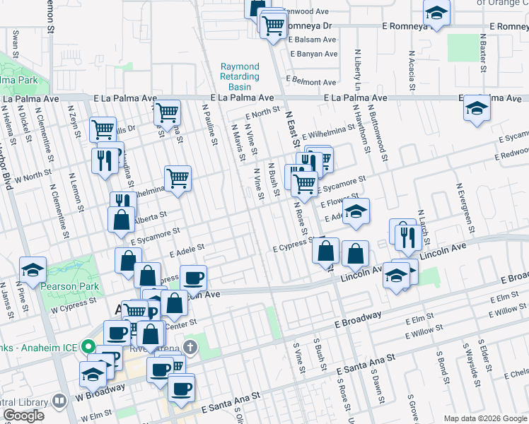 map of restaurants, bars, coffee shops, grocery stores, and more near 427 North Vine Street in Anaheim