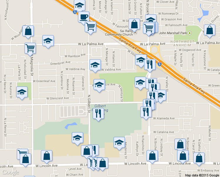 map of restaurants, bars, coffee shops, grocery stores, and more near 2321 West Gramercy Avenue in Anaheim