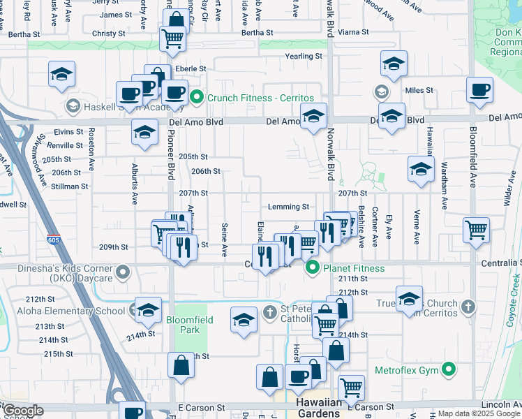 map of restaurants, bars, coffee shops, grocery stores, and more near 20733 Elaine Avenue in Lakewood