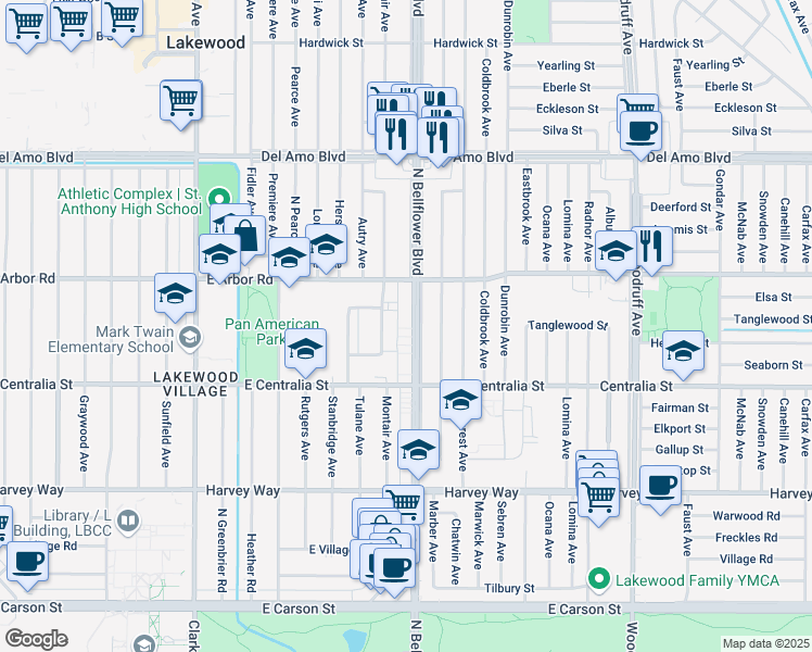 map of restaurants, bars, coffee shops, grocery stores, and more near 4602 Bellflower Boulevard in Lakewood