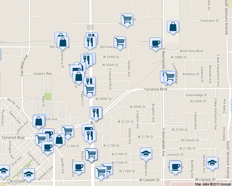 map of restaurants, bars, coffee shops, grocery stores, and more near 20814 Harvard Boulevard in Torrance