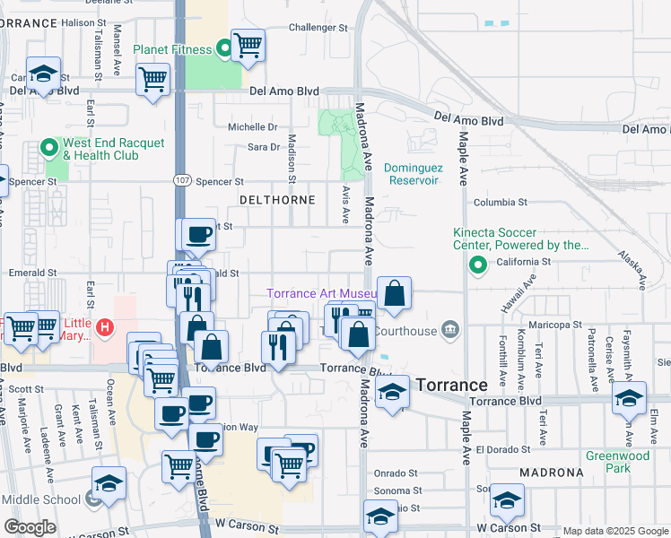 map of restaurants, bars, coffee shops, grocery stores, and more near 3455 Emerald Street in Torrance