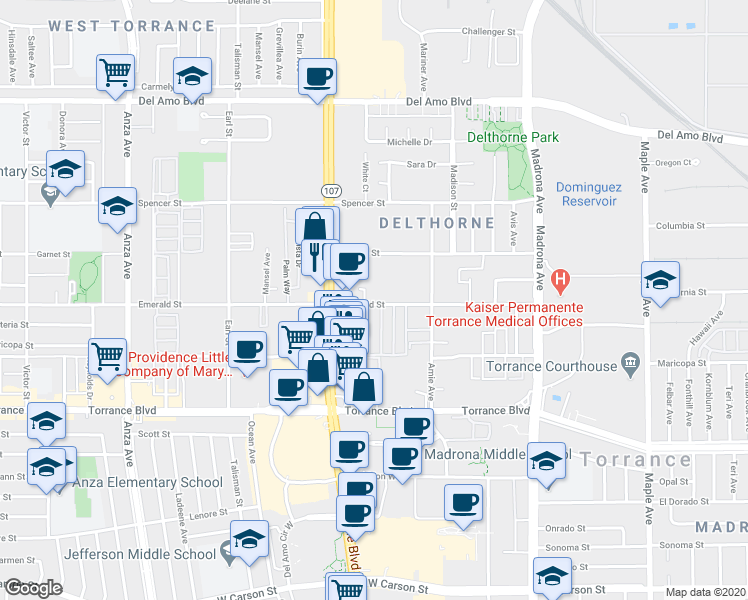 map of restaurants, bars, coffee shops, grocery stores, and more near in Torrance