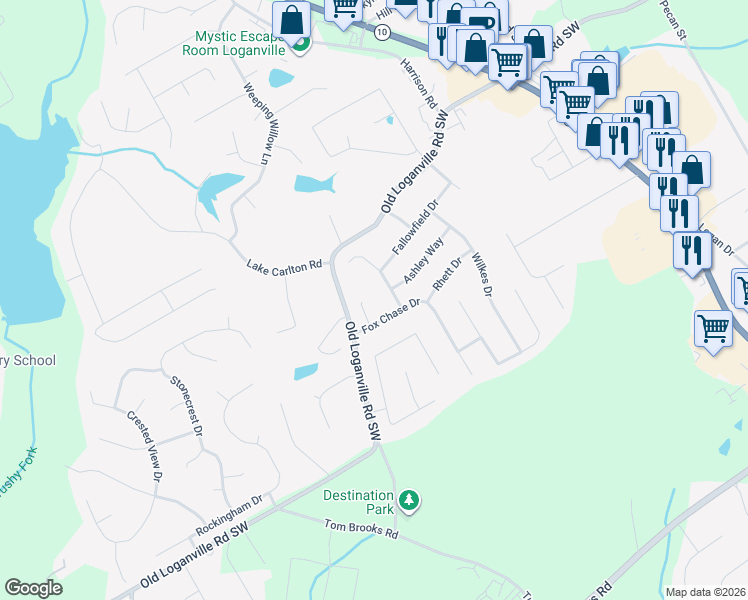 map of restaurants, bars, coffee shops, grocery stores, and more near 4088 Tara Court in Loganville