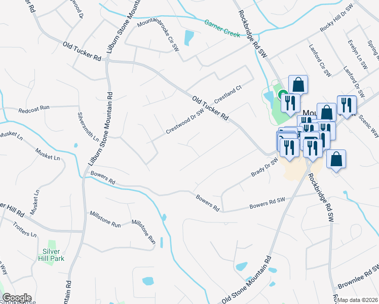 map of restaurants, bars, coffee shops, grocery stores, and more near 1091 Mountain Woods Court Southwest in Stone Mountain