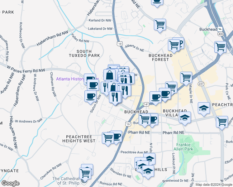 map of restaurants, bars, coffee shops, grocery stores, and more near 3188 Paces Ferry Place Northwest in Atlanta