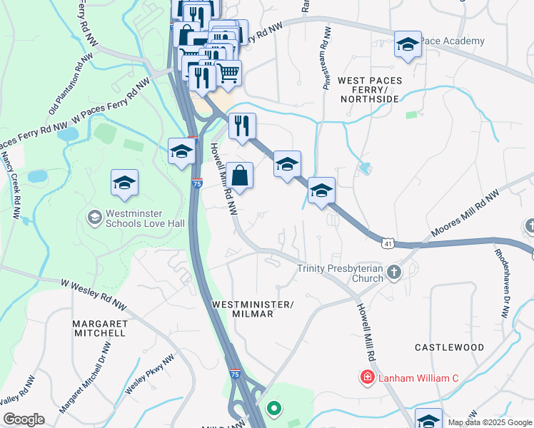 map of restaurants, bars, coffee shops, grocery stores, and more near 3201 Downwood Circle Northwest in Atlanta