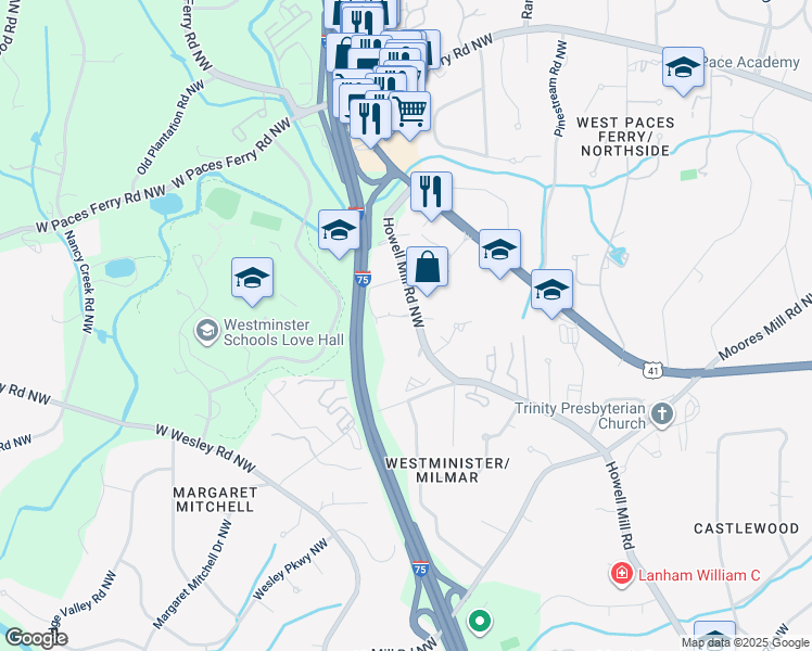 map of restaurants, bars, coffee shops, grocery stores, and more near 3280 Howell Mill Road Northwest in Atlanta