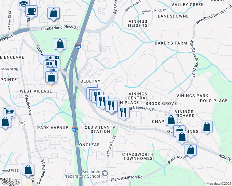 map of restaurants, bars, coffee shops, grocery stores, and more near 1218 Tamarron Parkway Southeast in Smyrna