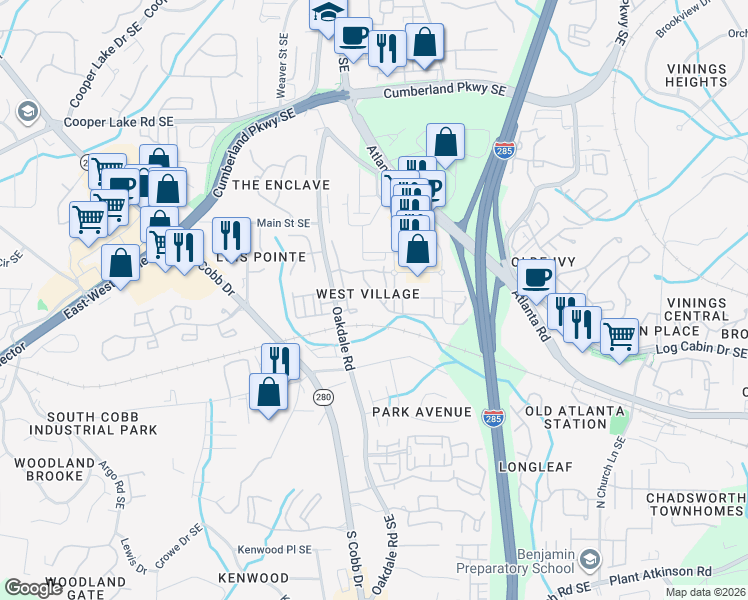 map of restaurants, bars, coffee shops, grocery stores, and more near 2172 West Village Lane in Smyrna