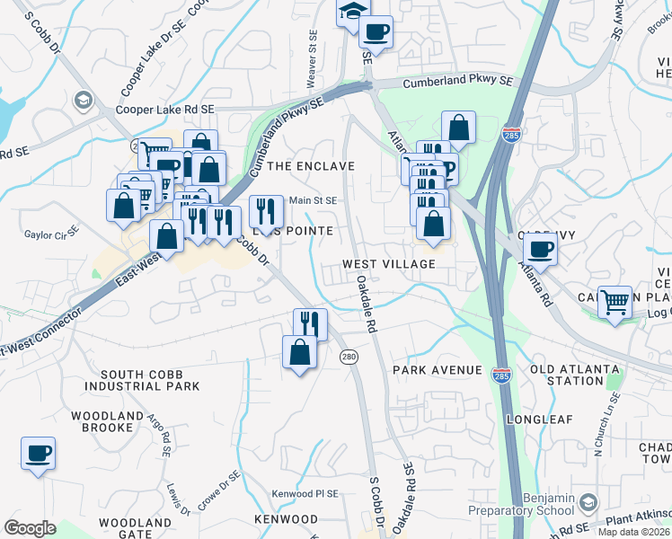 map of restaurants, bars, coffee shops, grocery stores, and more near 4656 West Village Drive in Smyrna