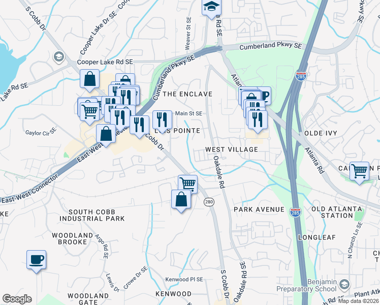 map of restaurants, bars, coffee shops, grocery stores, and more near 4641 South Cobb Drive in Smyrna