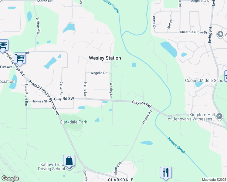 map of restaurants, bars, coffee shops, grocery stores, and more near 4611 Wesley Drive in Austell
