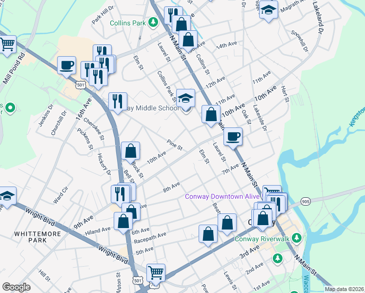 map of restaurants, bars, coffee shops, grocery stores, and more near 904 Pine Street in Conway