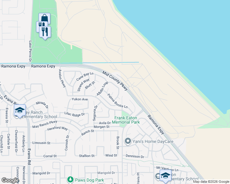 map of restaurants, bars, coffee shops, grocery stores, and more near 3908 Manquelo Court in Perris