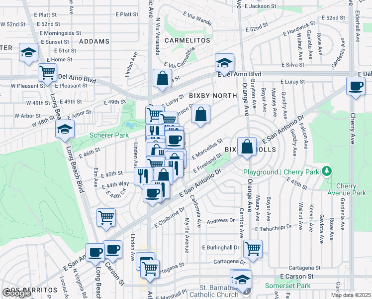 map of restaurants, bars, coffee shops, grocery stores, and more near 4560 California Avenue in Long Beach