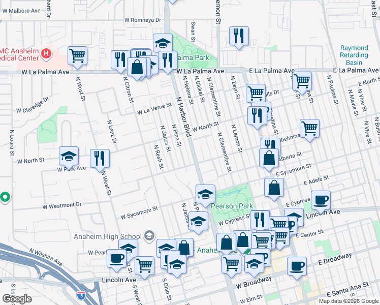 map of restaurants, bars, coffee shops, grocery stores, and more near 723 N Harbor Blvd in Anaheim