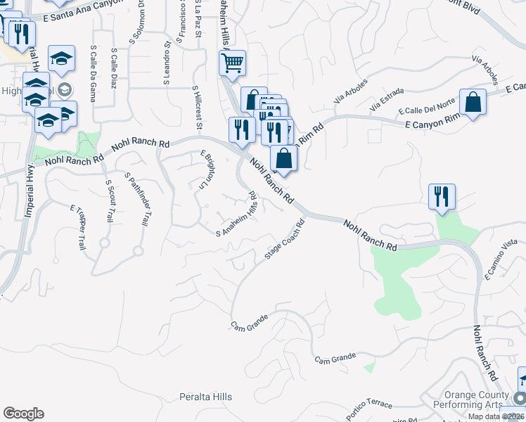 map of restaurants, bars, coffee shops, grocery stores, and more near 6190 East Canyon Court in Anaheim