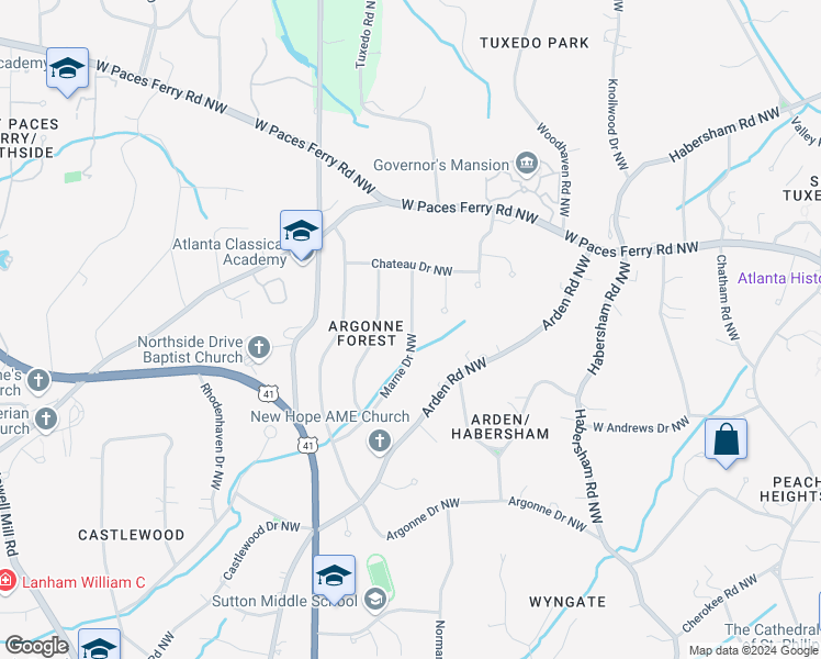 map of restaurants, bars, coffee shops, grocery stores, and more near 3171 Marne Drive Northwest in Atlanta