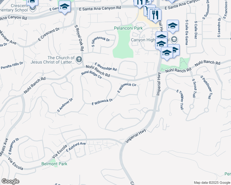 map of restaurants, bars, coffee shops, grocery stores, and more near 5409 East Willowick Circle in Anaheim