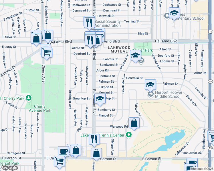 map of restaurants, bars, coffee shops, grocery stores, and more near 2819 Elkport Street in Lakewood