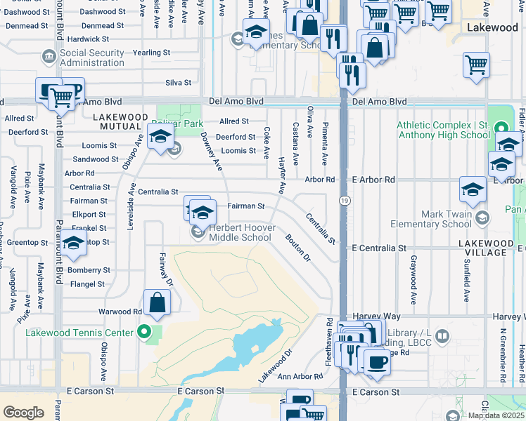 map of restaurants, bars, coffee shops, grocery stores, and more near 3724 Fairman Street in Lakewood