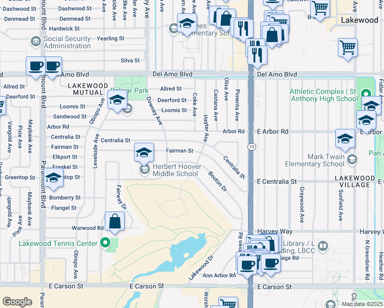 map of restaurants, bars, coffee shops, grocery stores, and more near 3724 Fairman Street in Lakewood
