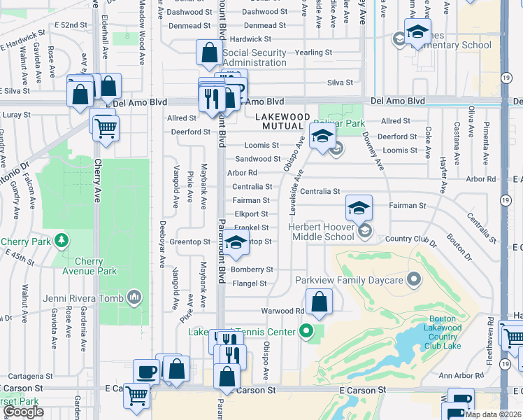 map of restaurants, bars, coffee shops, grocery stores, and more near 2819 Elkport Street in Lakewood
