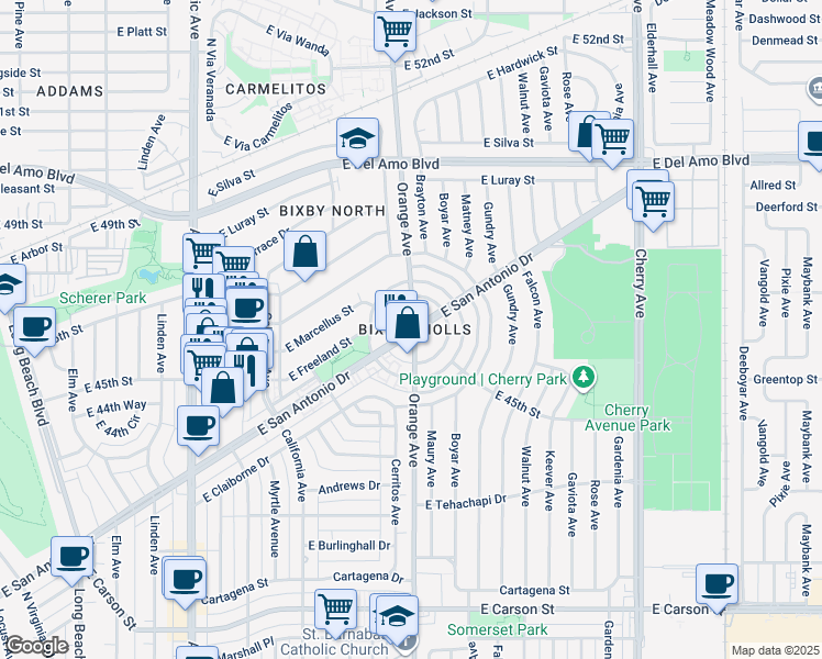 map of restaurants, bars, coffee shops, grocery stores, and more near in Long Beach