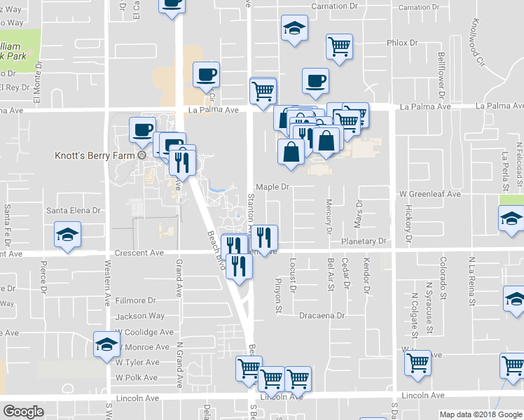 map of restaurants, bars, coffee shops, grocery stores, and more near 8353 Mulberry Avenue in Buena Park