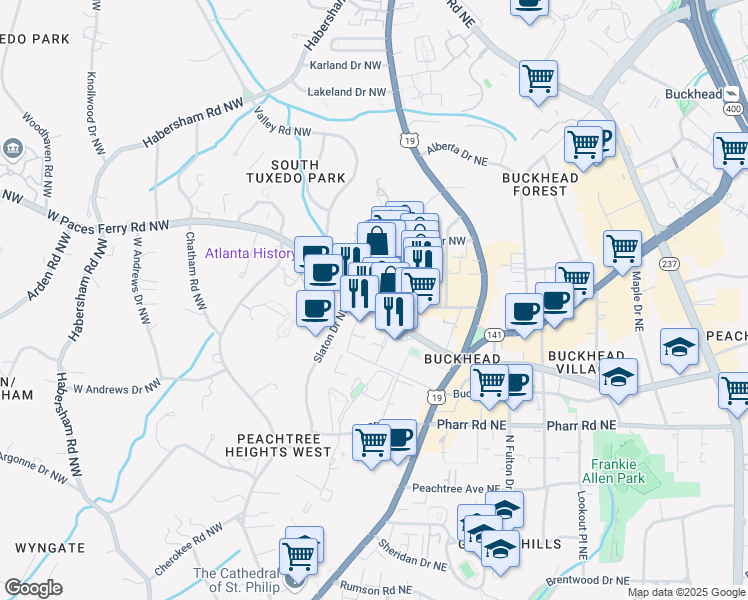 map of restaurants, bars, coffee shops, grocery stores, and more near 105 West Paces Ferry Road Northwest in Atlanta
