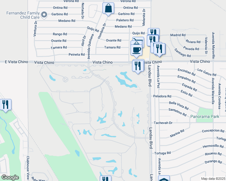 map of restaurants, bars, coffee shops, grocery stores, and more near 28390 Desert Princess Drive in Cathedral City