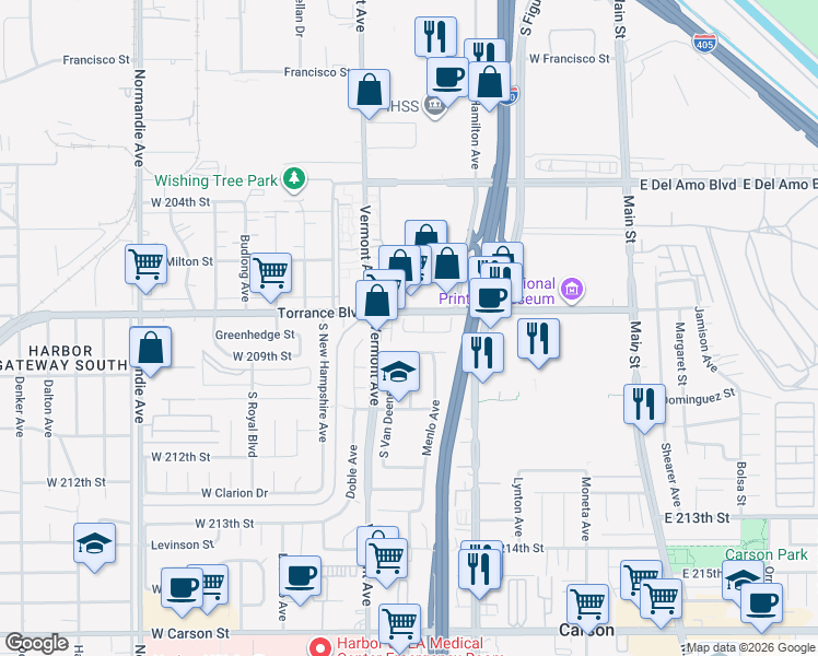 map of restaurants, bars, coffee shops, grocery stores, and more near 815 Greenhedge Street in Torrance