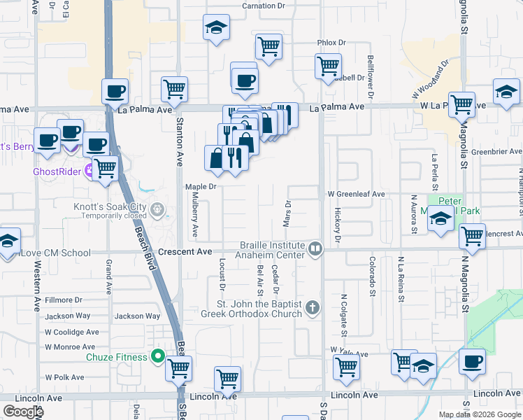 map of restaurants, bars, coffee shops, grocery stores, and more near 8440 Galaxy Circle in Buena Park