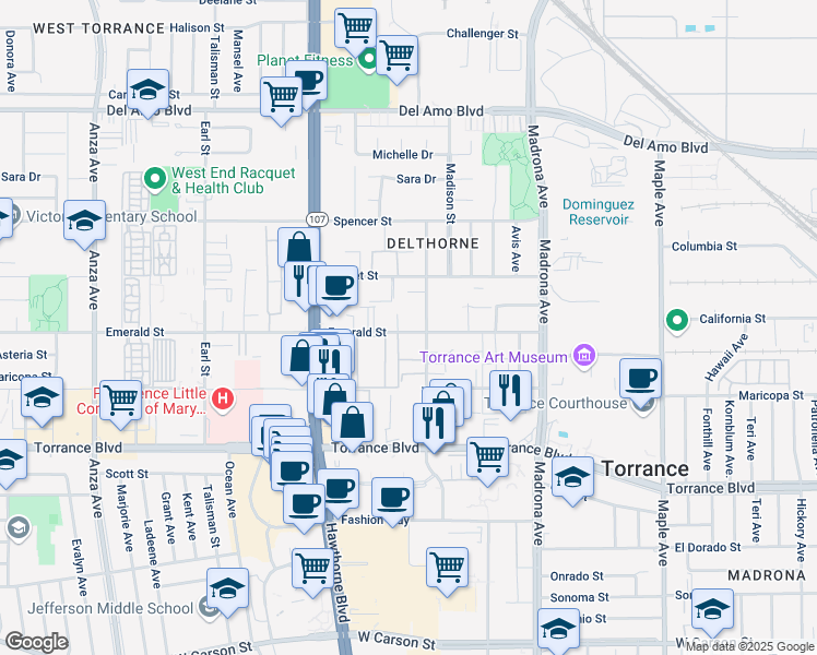 map of restaurants, bars, coffee shops, grocery stores, and more near 3621 Emerald Street in Torrance