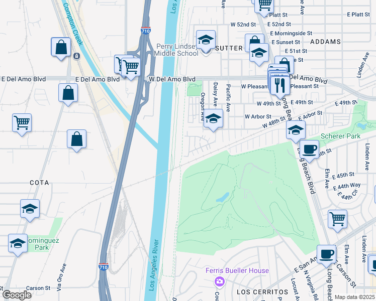 map of restaurants, bars, coffee shops, grocery stores, and more near 4715 Holly Avenue in Long Beach