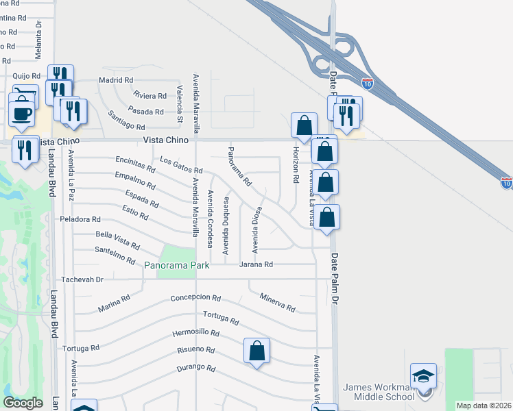 map of restaurants, bars, coffee shops, grocery stores, and more near 68710 Los Gatos Rd in Cathedral City