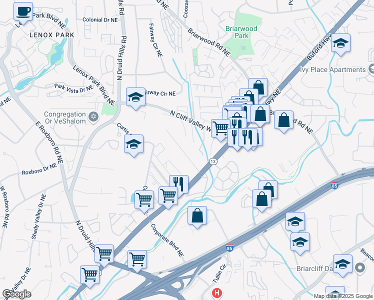 map of restaurants, bars, coffee shops, grocery stores, and more near 1981 Bramblewood Drive Northeast in Atlanta