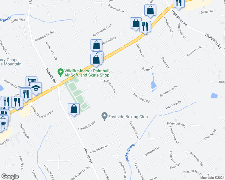 map of restaurants, bars, coffee shops, grocery stores, and more near 2379 Tullamore Circle in Snellville
