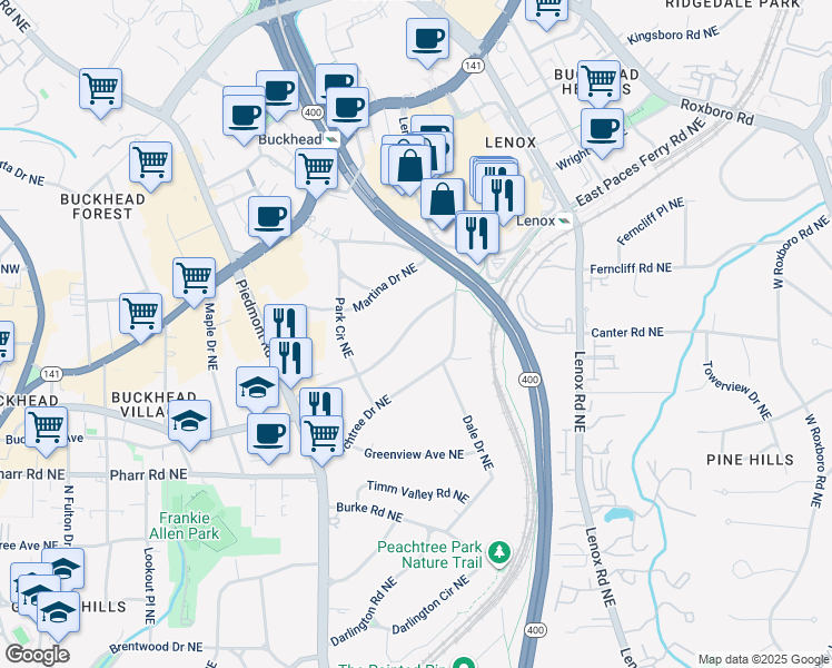 map of restaurants, bars, coffee shops, grocery stores, and more near 703 East Paces Ferry Road Northeast in Atlanta