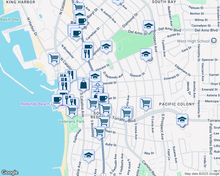 map of restaurants, bars, coffee shops, grocery stores, and more near 108 South Francisca Avenue in Redondo Beach