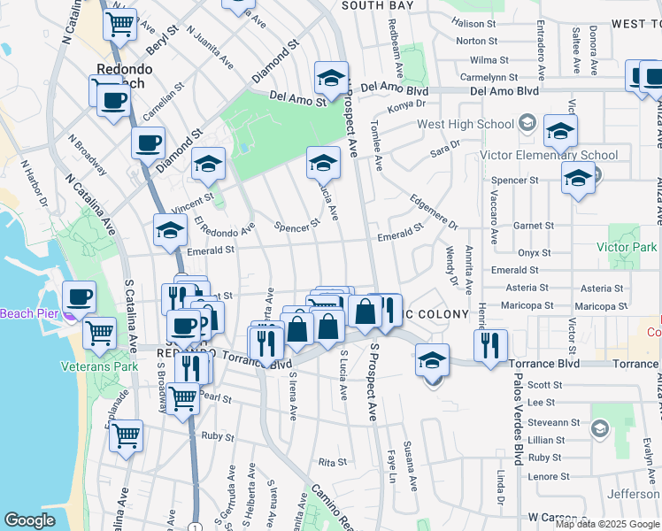 map of restaurants, bars, coffee shops, grocery stores, and more near 114 South Juanita Avenue in Redondo Beach