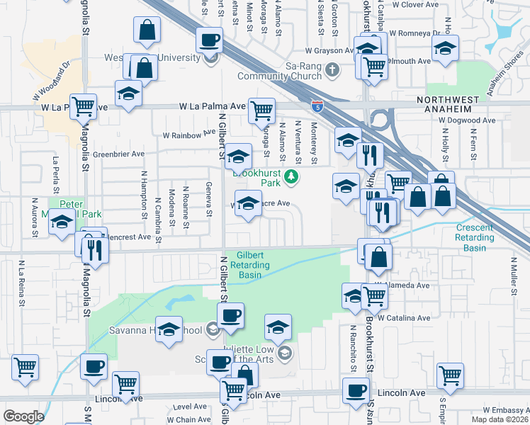 map of restaurants, bars, coffee shops, grocery stores, and more near 2337 West Gramercy Avenue in Anaheim