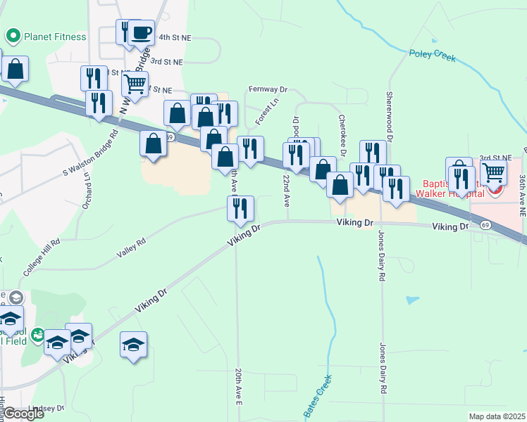 map of restaurants, bars, coffee shops, grocery stores, and more near 2100 Viking Drive in Jasper