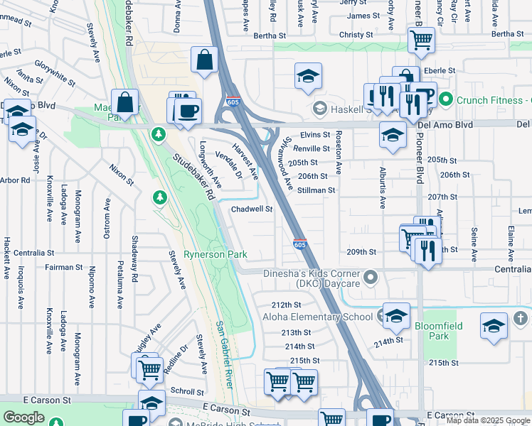 map of restaurants, bars, coffee shops, grocery stores, and more near 20724 Gridley Road in Lakewood