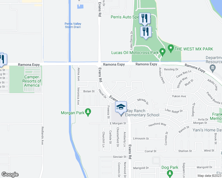 map of restaurants, bars, coffee shops, grocery stores, and more near 3831 Auburn Ridge Drive in Perris