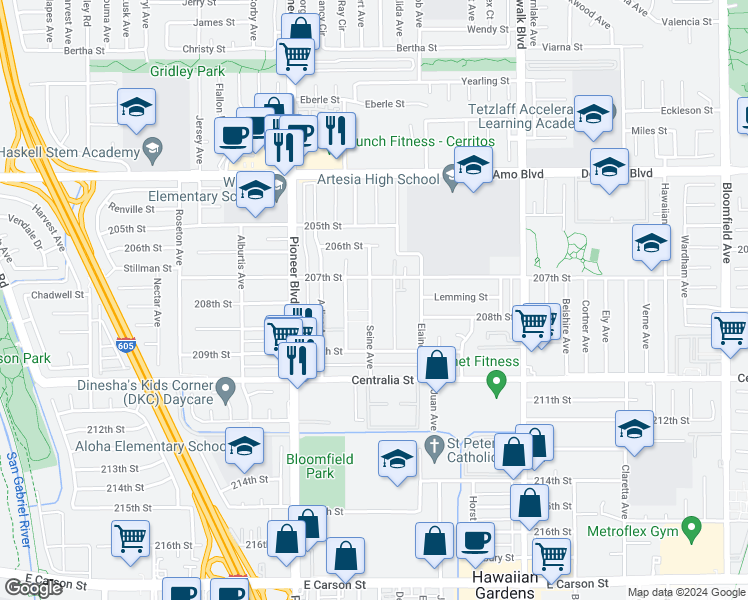 map of restaurants, bars, coffee shops, grocery stores, and more near 20726 Seine Avenue in Lakewood